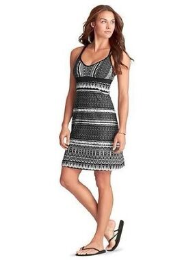 Athleta Printed Coastline Swim Dress Medium 964442-01 Black White Shelf Bra